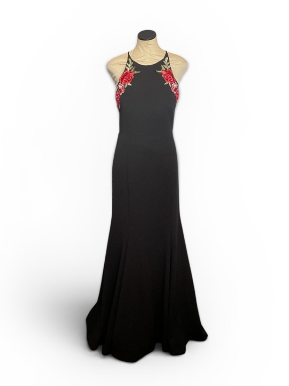 B Darlin Black Halter Maxi Dress with Red Rose Appliqués